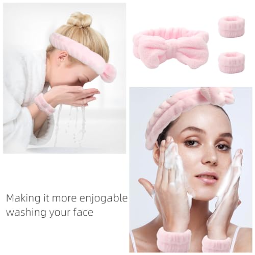 Mekupeu Pink Microfiber Spa Headband & Wrist Wash Band 3-Piece Set