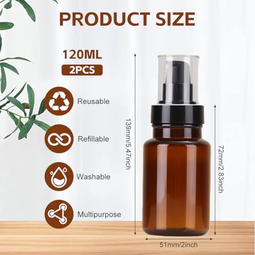 QUUPY 4oz Amber Plastic Lotion Pump Bottles 2Pcs Leakproof Refillable Travel Dispenser