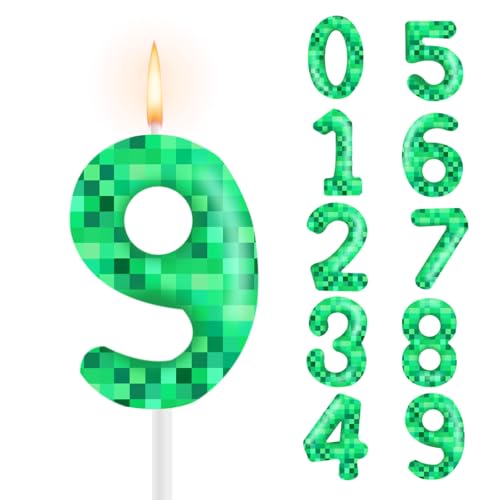 Green Pixel Number 9 Birthday Cake Candle Gamer Party Decor