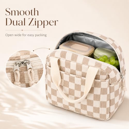 Bluboon Insulated Lunch Bag - 10L Brown Checkered Corduroy Lunch Tote
