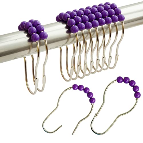 Purple Shower Curtain Hooks, Stainless Steel Rings with Acrylic Roller Balls