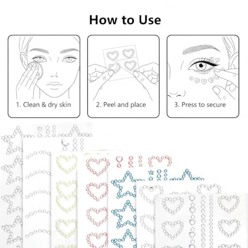 Dcoteh 7 Sheets Self-Adhesive Face Gems, 3D Heart & Star Rhinestone Stickers