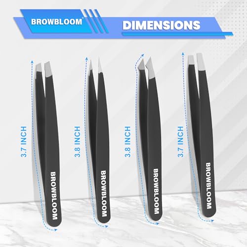 BROWBLOOM 4-Piece Stainless Steel Professional Eyebrow Tweezers Set with Pouch