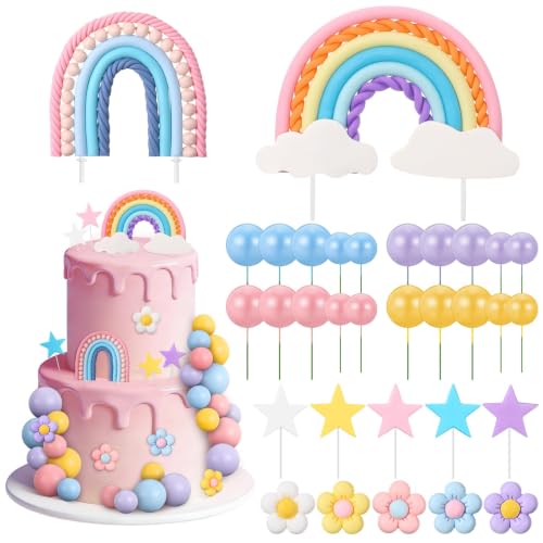 Rainbow Cake Toppers Set - 32 Pcs Boho Decorations for Parties