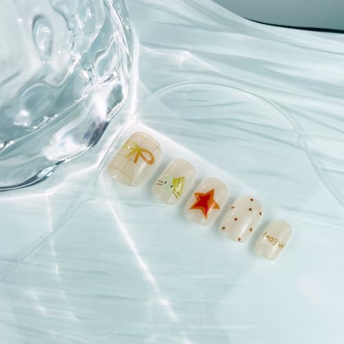 Short Round Press On Nails Creamy White Glossy Bow Star Fake Nails Kit