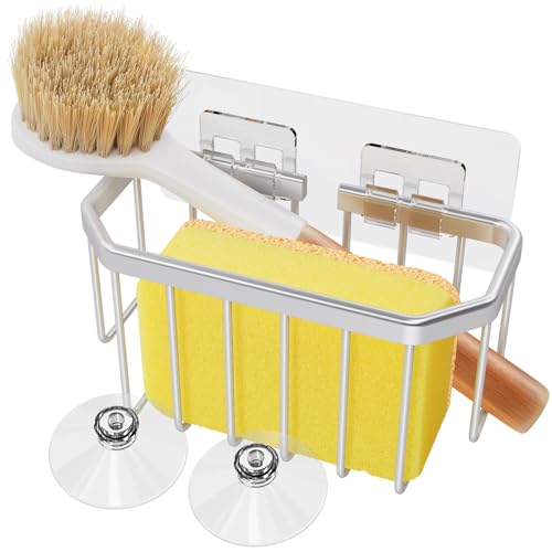 Aluminum Sponge Holder Sink Organizer with Suction Cups - Silver