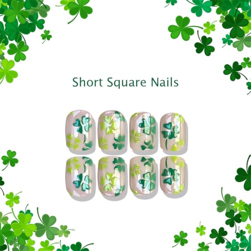 St. Patrick's Day Press on Nails Short Square French False Nails Green Shamrock