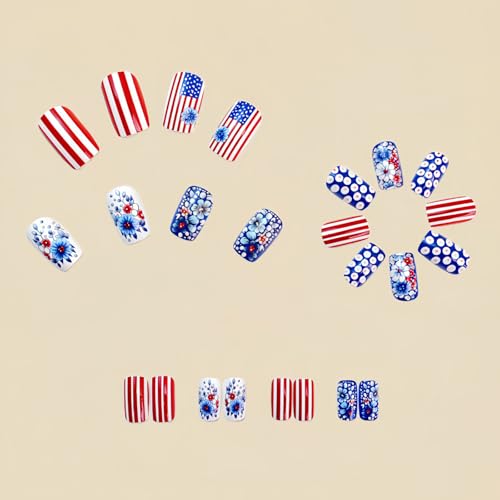 Independence Day Press on Nails Medium Square 4th of July Fake Nails 24 Pcs