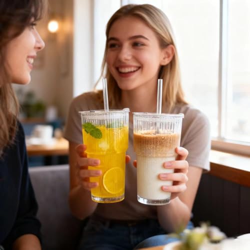 20oz Ribbed Glass Tumblers with Lids & Straws – Clear Ribbed