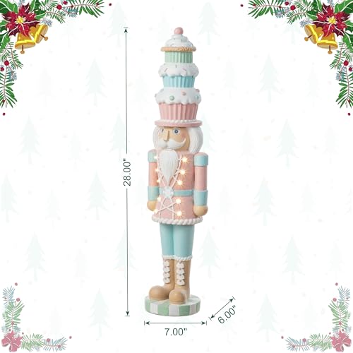 Christmas Porch Decor Nutcracker with Macaron Hat & Lighted Cupcake, 28"
