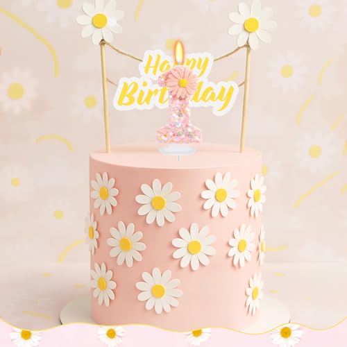 Pink Daisy Flower Number 1 Birthday Candle with Tray - Glitter Cake Topper