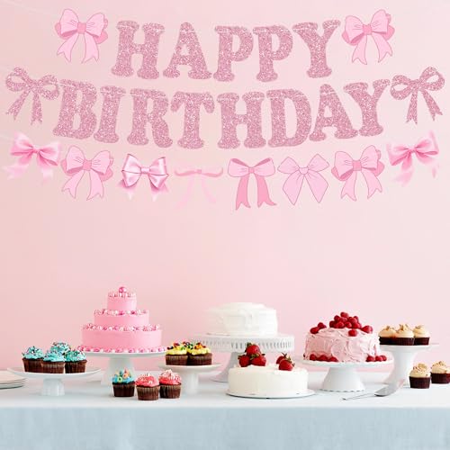 Pink Glitter Bow Happy Birthday Banner - Pre-Strung Party Decor