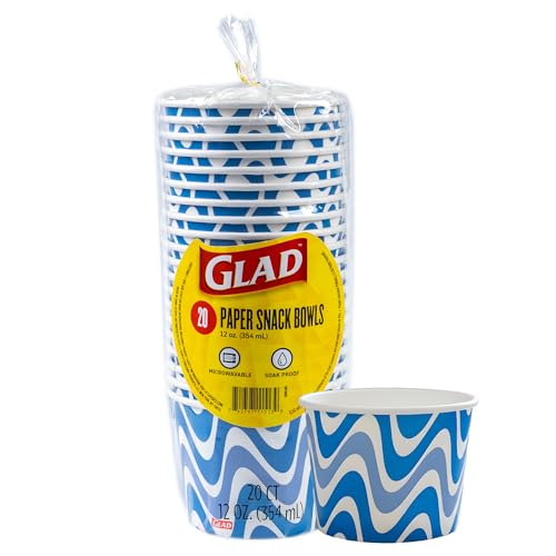 Glad Everyday Disposable Paper Snack Bowls 12 oz Blue Wave Print, Pack of 20