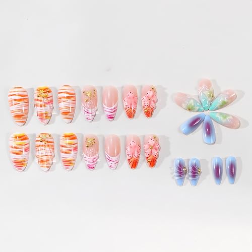 Pink Flower Press on Nails Medium Almond French Tip False Nails