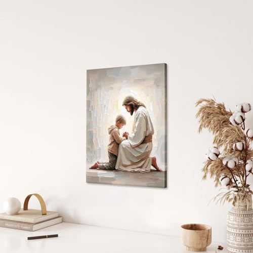 Christian Wall Art Canvas Prints Jesus and Boy Praying 16x24 Inches - Variation of Jesus and Boy / 24L x 16W