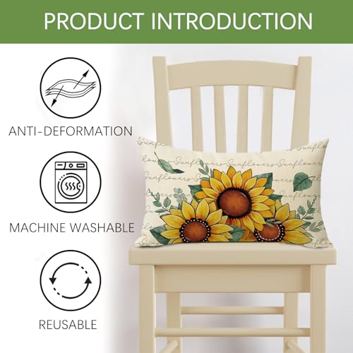 Sunflower Lumbar Throw Pillow Cover, 12x20 Inch Cotton Linen Case