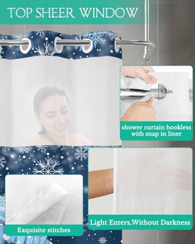 Blue Christmas Shower Curtain with Snap-in Liner - 66x72 Inches - Snowman Winter Design