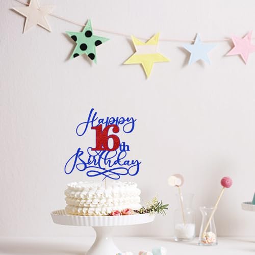 16th Birthday Cake Topper - Deep Blue & Red Glitter Design