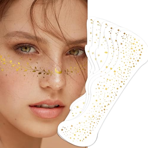 BIRIYANI Gold Glitter Face Tattoos – 6 Sheets Waterproof Faux Freckles