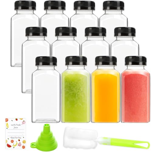 12-Pack 8oz Plastic Juice Bottles with Tamper-Proof Lids, Funnel & Labels