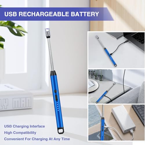 2 PCS Candle Lighter, Electric Lighter Arc Windproof Flameless with 360¡Æ Flexible Neck & LED Power Display, Lighters for Candle for BBQ, Grill, Camping, Fireplace, Stove(Blue)