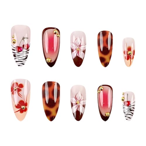 OSTTMA Flower Leopard Print Press on Nails Almond Medium French Fake Nails