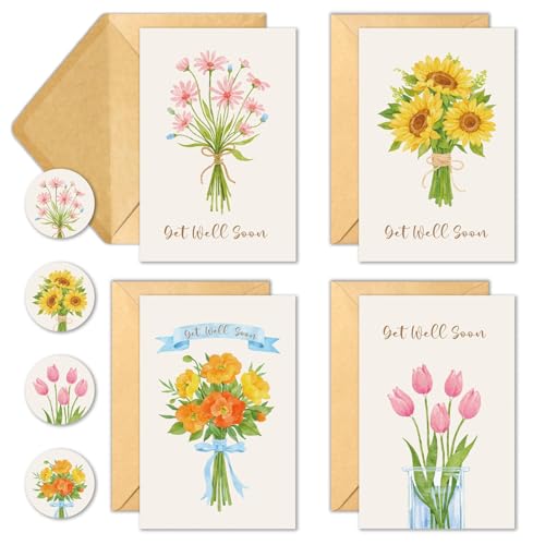 24 Pack Get Well Soon Cards with Envelopes, 4 Floral Designs, 4x6 Inch