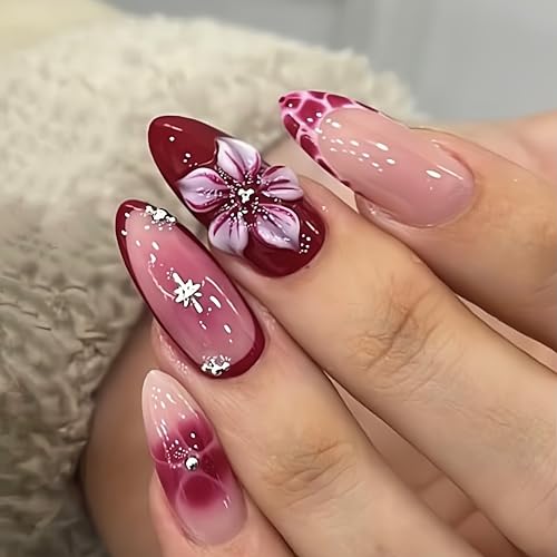 Burgundy Gradient French Tip Press on Nails with 3D Flower & Rhinestones, Almond Fake Nails