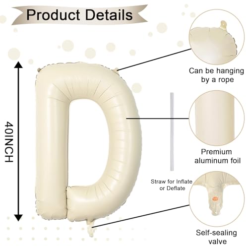 KAINSY 40 Inch Cream White Letter D Foil Balloon Giant Beige Alphabet