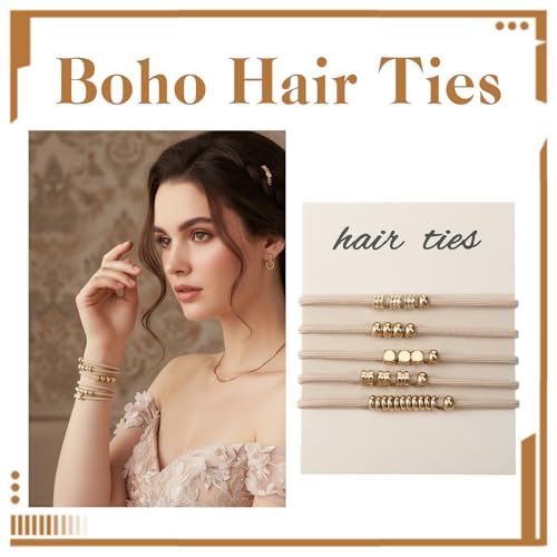 Boho Hair Tie Bracelet with Gold Beads – 5-Piece 2-in-1 Ponytail Holder Set
