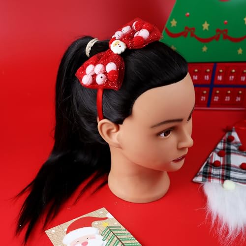 Needzo Christmas Red Bow Headband Sparkly Lace Hairband with Santa Pendant