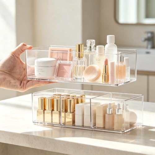 Clear Acrylic 3-Compartment Makeup Organizer Tray for Vanity Storage