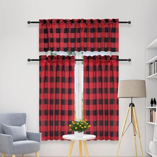 Simple Deluxe 2 PCS Buffalo Check Kitchen Tier Curtains, Plaid Gingham Short Curtain for Half Cafe Windows, 26" W x 36" L, Black&Red