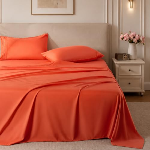 Orange Red Queen Sheet Set - 4 Piece Breathable Cooling Bedding, Deep Pocket