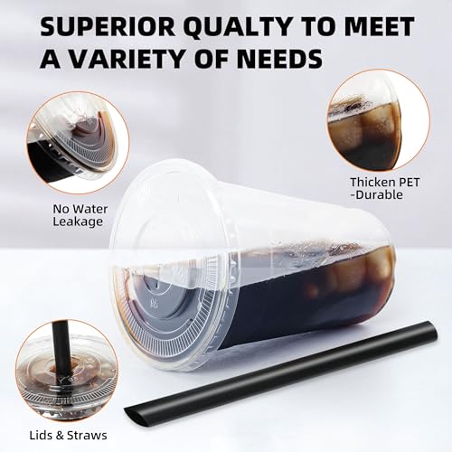 16oz Disposable Clear Plastic Cups with Lids and Straws - 25 Pack