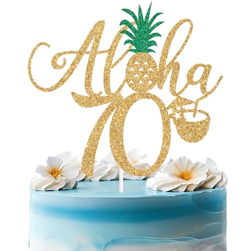 Aloha 70 Cake Topper - Gold Glitter Hawaiian Birthday Decorations