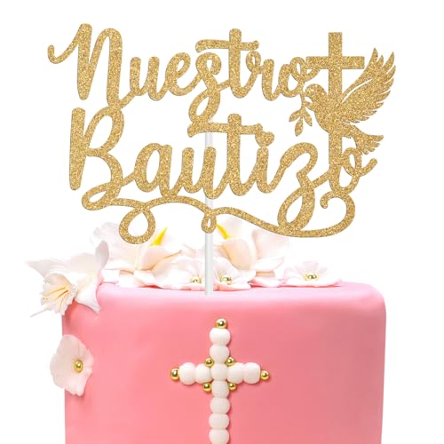 Nuestro Bautizo Cake Topper - Gold Glitter Cross & Dove