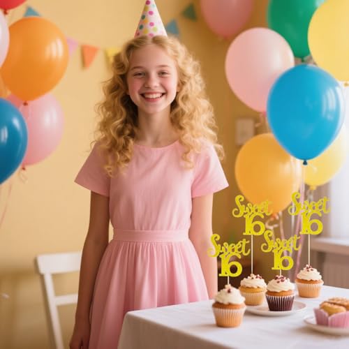 12 PCS Sweet 16 Glitter Cupcake Toppers – Yellow Cake Decorations