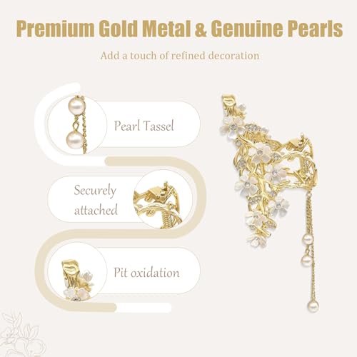 Gold Flower Hair Claw Clip with Pearl Tassel and Rhinestones for Thick Hair