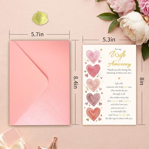 BRYUBR Romantic Watercolor Heart Anniversary Card for Wife from Husband - 8x5.3 Inches with Envelope & Sticker
