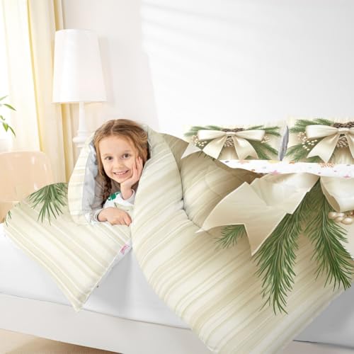 Beige Green Twin Comforter Set with Pinecone Leaves Pattern - Kids Bedding