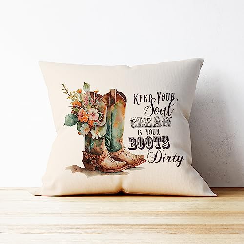 Western Cowboy Boot Throw Pillow Cover - 18x18 Inch Beige2 Floral Cushion