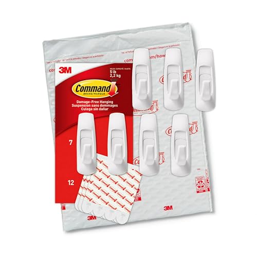 Command 5 lb Large Utility Hooks, 7 Hooks and 12 Strips, Damage-Free Hanging Wall Hook with Adhesive Strips, No Tools Required, Great for Home Kitchen Office Organization