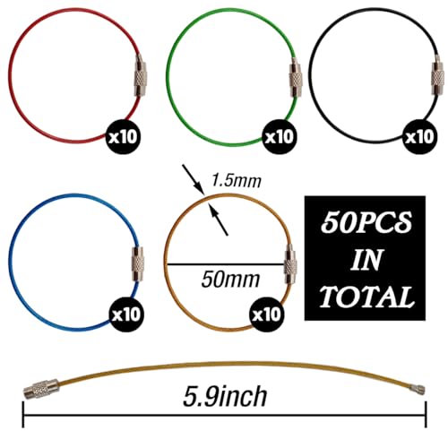 50PCS 5.9" Steel Wire Keychain, Colored Nylon Coated Stainless Steel Metal Wire Keychains, 1.5 mm Key Rings Loops for Hanging Luggage Tags, Keys and ID Tag Keepers