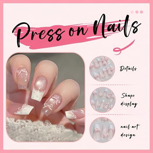 Valentine Press on Nails Medium Square White French Tip with Bow and Heart Rhinestones