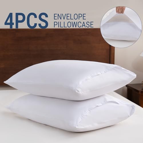 King White Pillowcases Set of 4, 20x36 Brushed Microfiber with Envelope Closure