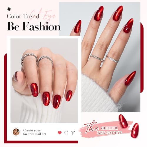 NAILKISS Cat Eye Magnetic Gel Nail Polish, Bright Red 0.34 Fl Oz with Magnet Stick