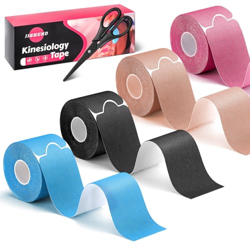 80 Strips Kinesiology Tape, 4 Rolls Precut Athletic Tape Elastic Waterproof Sports Tape 2 Inch x 16 Feet Body Tape with Scissors for Joint Support Muscle (Beige, Black, Blue, Pink)