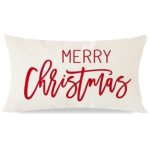 Merry Christmas Pillow Cover 12x20 Inch - Cream Red Holiday Decor
