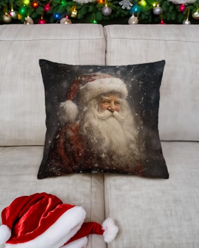 Christmas Pillow Cover 18x18 – Vintage Santa in Snowstorm (Black)